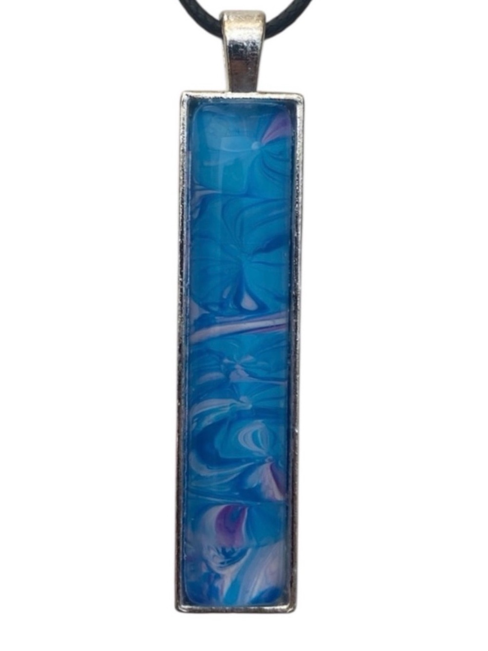 Hand Crafted Blue Fluid Art Rectangle Pendant Necklace by Svetlana Yeung